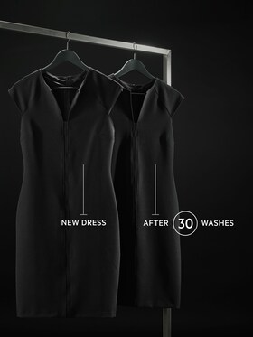 Un vestido negro antes y después de 30 lavados sin pérdida de color apreciable