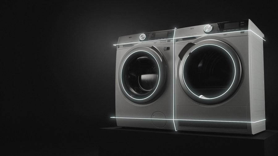 Animación con las elegantes características de diseño complementarias de la nueva lavadora y secadora
