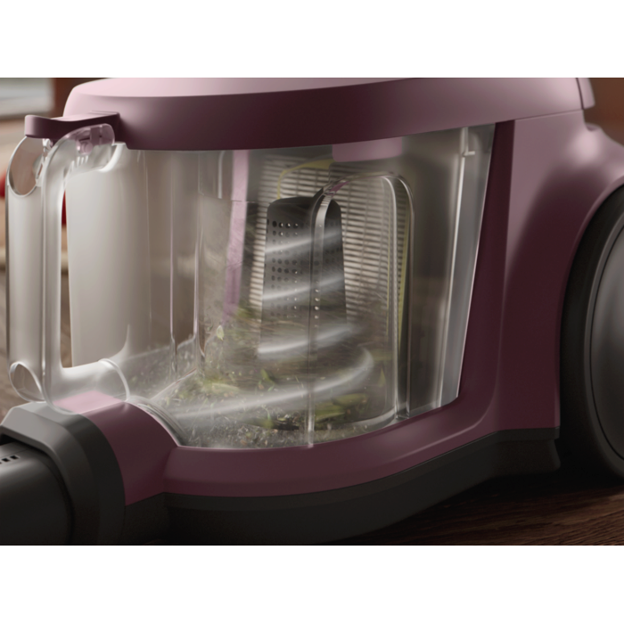 Vacuum cleaner with cyclone separator for efficient cleaning with less frequent bin emptying.*Based on internal test according to IEC 62885-2 edition 2.0.5.1.5, 10 & 5.12