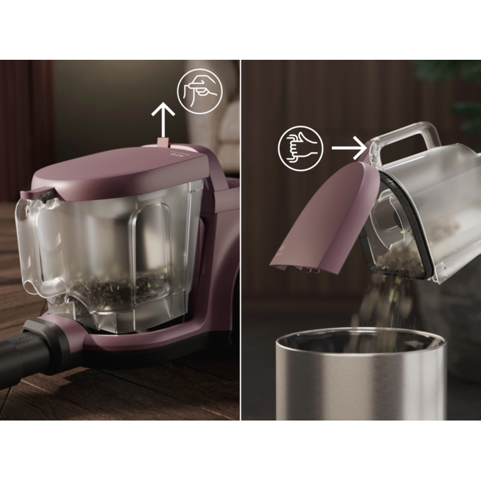 Vacuum cleaner with 2L dustbin designed for easy, spill-free emptying.