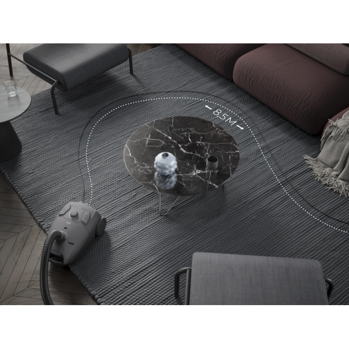 Vacuum cleaner designed for easy cleaning of larger areas without needing to switch power outlets.