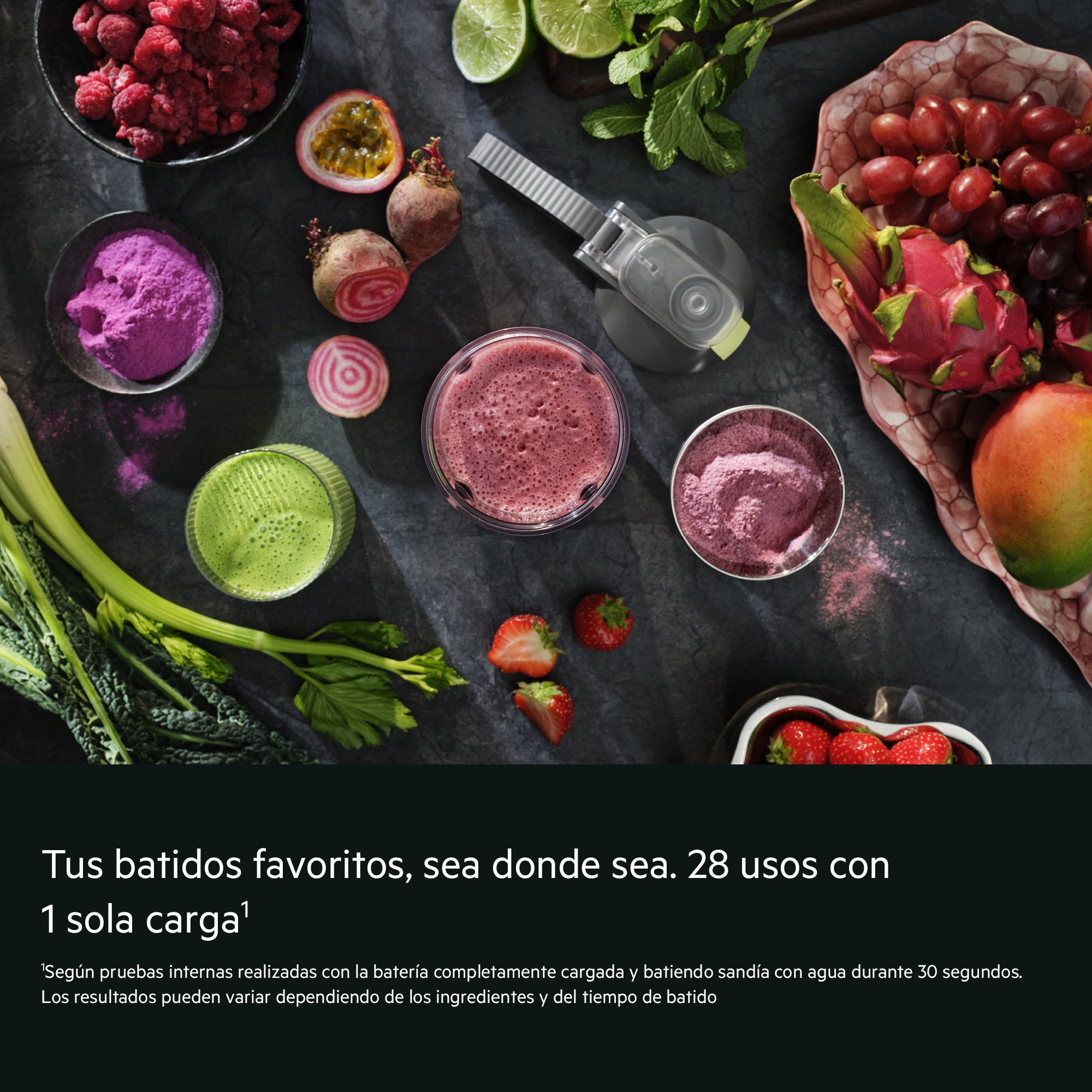 Tus batidos favoritos, sea donde sea. 28 usos con 1 sola carga1    1Según pruebas internas realizadas con la batería completamente cargada y batiendo sandía con agua durante 30 segundos. Los resultados pueden variar dependiendo de los ingredientes y del tiempo de batido