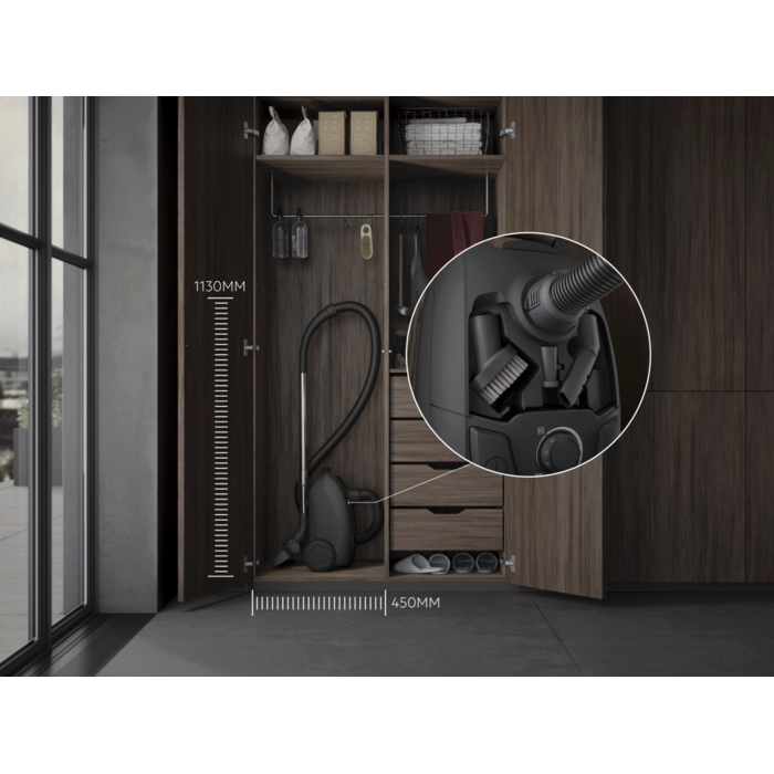 COMPACT DESIGN FOR EASY STORAGE Convenient size to fit into any home, and the accessories are stored on-board for easy access