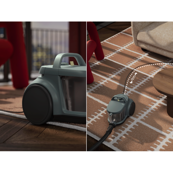 Easy to move, Easy to store, Big wheels and 9m cord for high mobility. Compact for easy storage