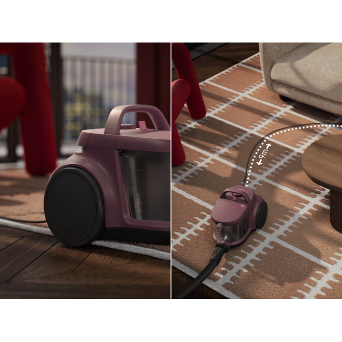 Easy to move, Easy to store, Big wheels and 9m cord for high mobility. Compact for easy storage