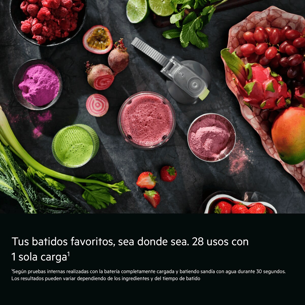Tus batidos favoritos, sea donde sea. 28 usos con 1 sola carga1    1Según pruebas internas realizadas con la batería completamente cargada y batiendo sandía con agua durante 30 segundos. Los resultados pueden variar dependiendo de los ingredientes y del tiempo de batido