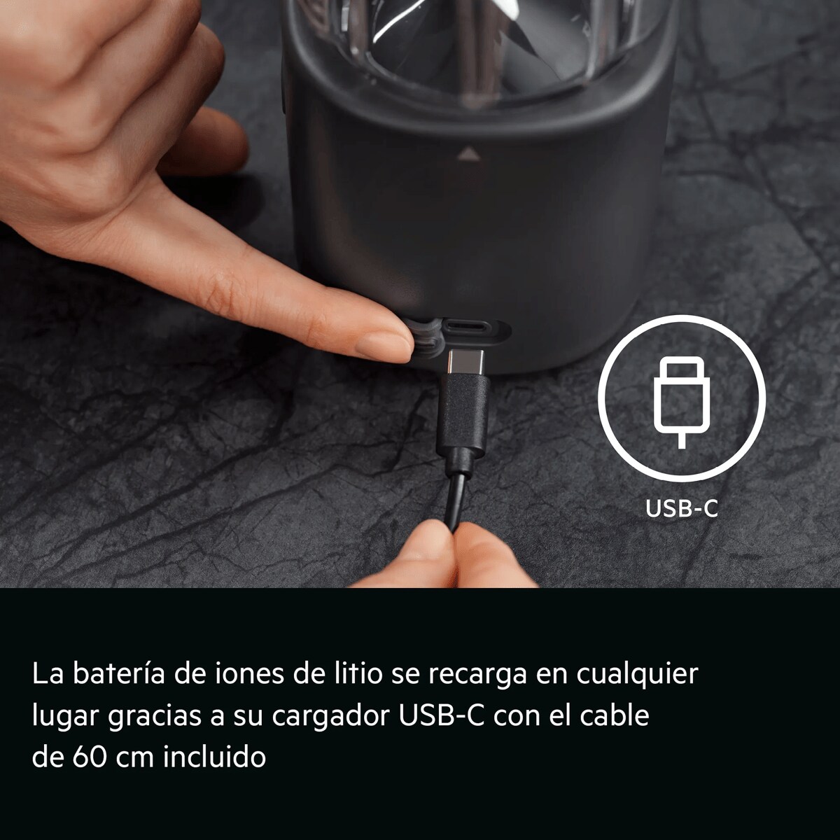 La batería de iones de litio se recarga en cualquier lugar gracias a su cargador USB-C con el cable de 60 cm incluido     USB-C