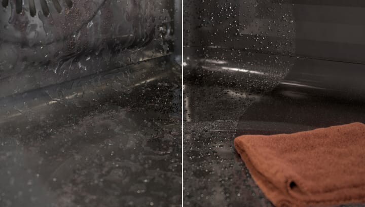 Un horno sucio limpiándose con vapor.