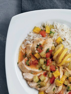 Pollo con verduras agridulces de la huerta